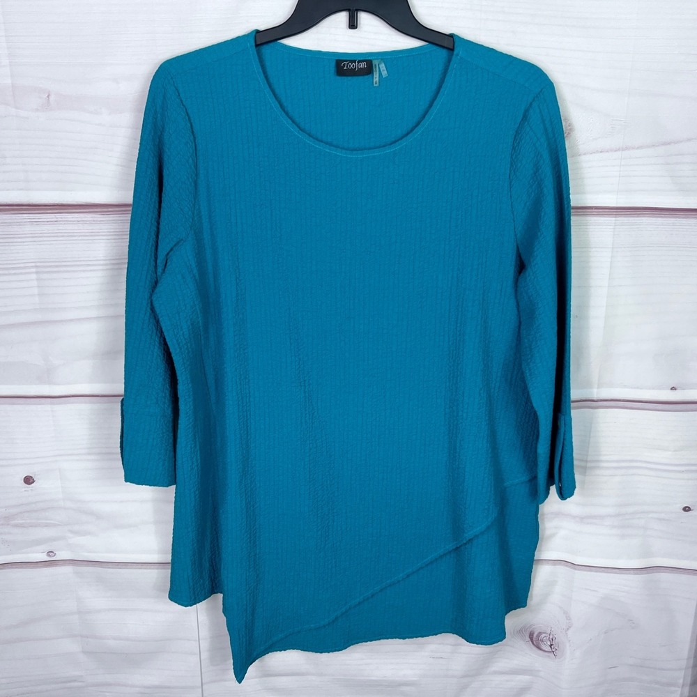 Toofan Top Womens XL Green Texture Knit Tunic Blouse 3/4 Sleeve Asymmetrical Hem